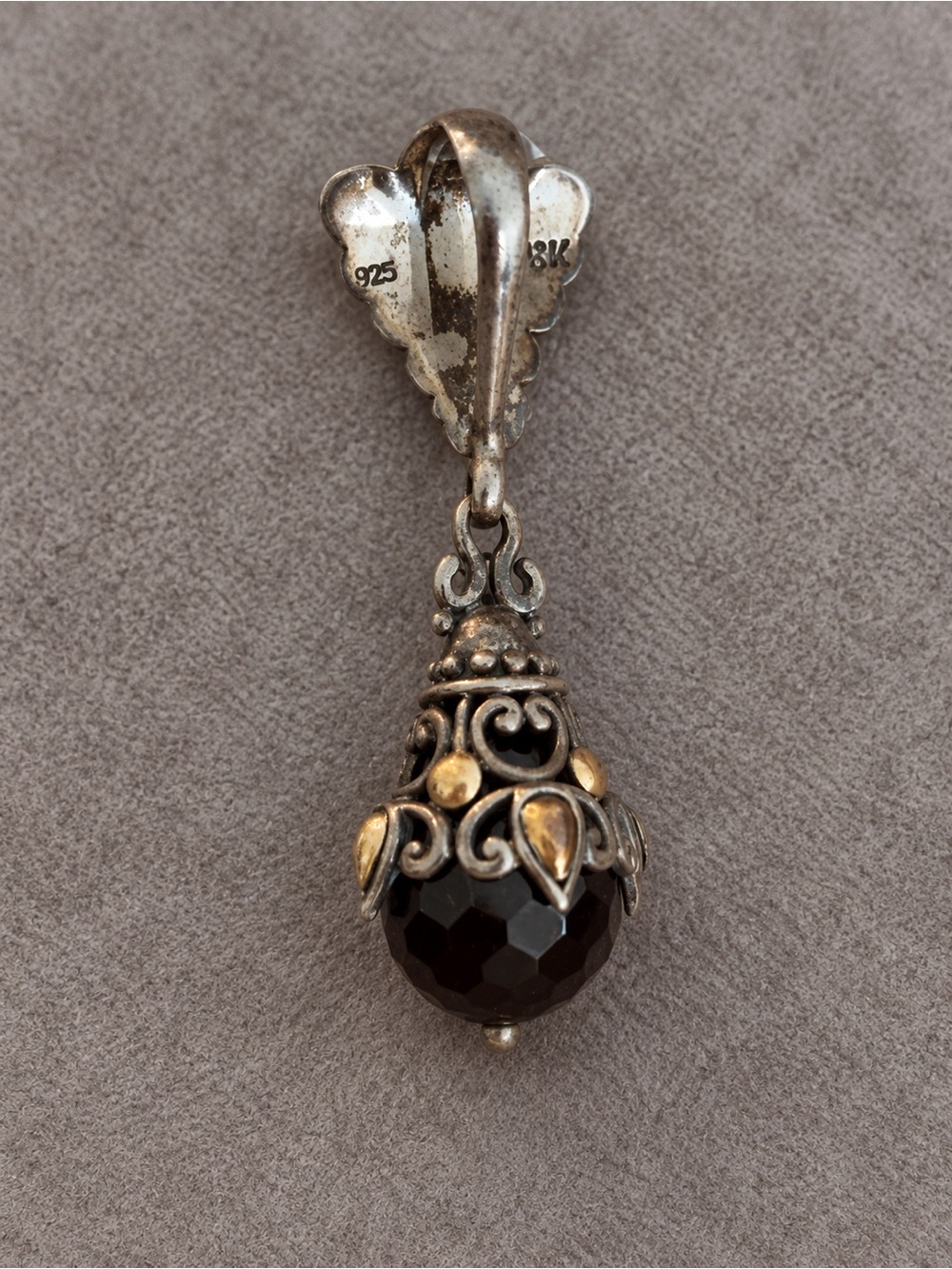 925 Sterling Silver 18K Gold Black Gemstone Bali Style Pendant. NECKLACE NOT INC - Picture 5 of 9